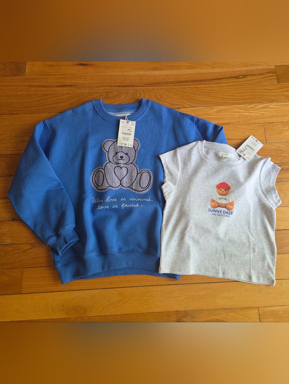 NWT Zara Kids Blue Teddy Graphic Sweatshirt And Gray Tee Size 12-13